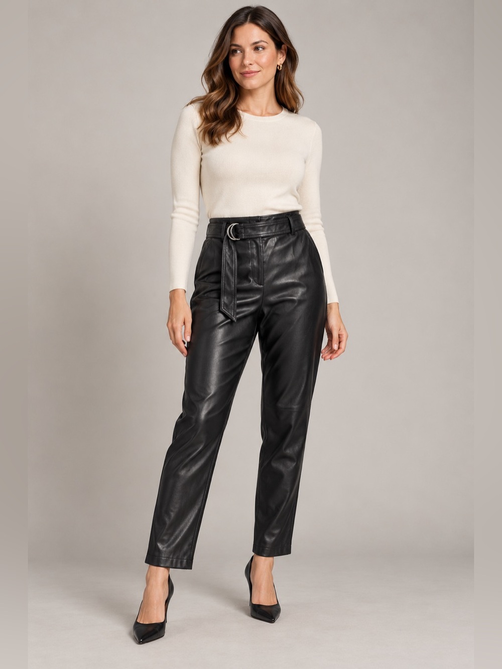 LOFT Black Leather Look Belted Pants Size 10 Straight Leg Silver D-Ring